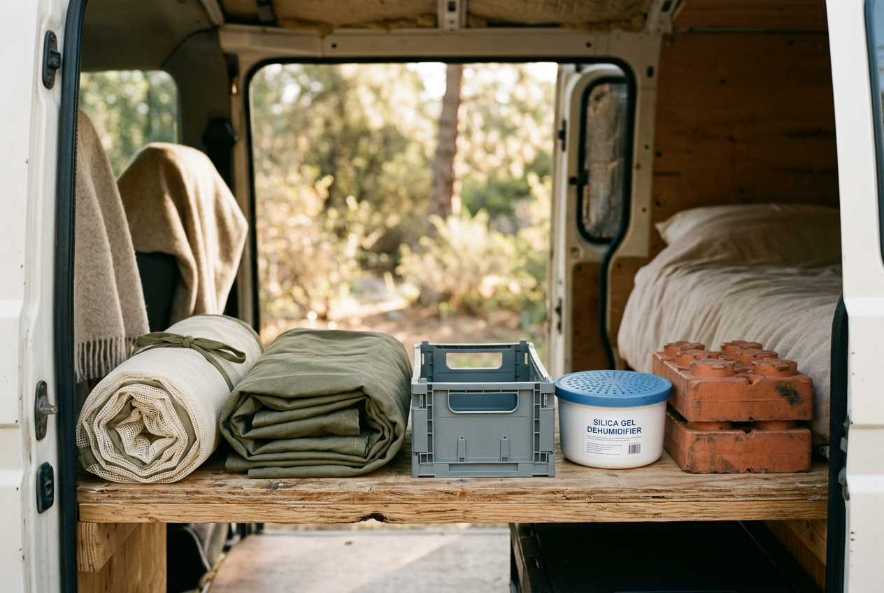 L’intérieur d’un fourgon, porte latérale ouverte : un tapis roulé, un rideau olive plié, une caisse empilable, un déshumidificateur et des cales de nivellement alignés sur l’étagère