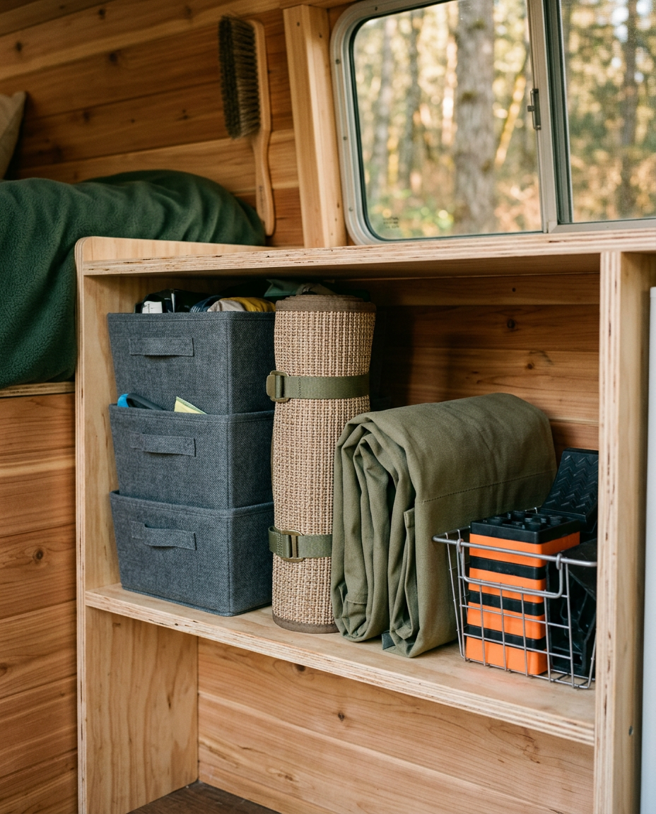 Une étagère de fourgon avec des pochettes de rangement, un tapis roulé, une housse olive pliée et un panier de cales orange